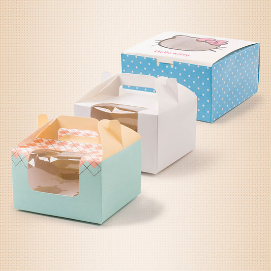 Blue and white bakery gift boxes with handle, window opening for cupcakes