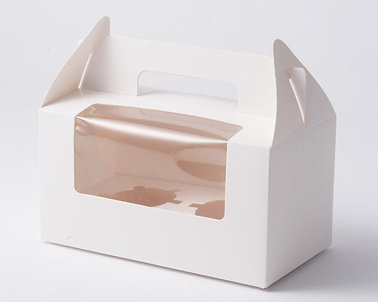 White gable bakery box with handle and window opening for cupcakes