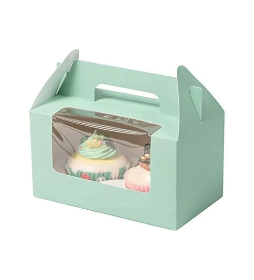 Mint green gable bakery box with handle, clear window with cupcakes inside