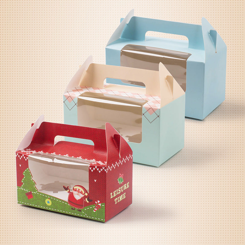 Blue and white gable bakery boxes with handle, open for cupcakes and pastries