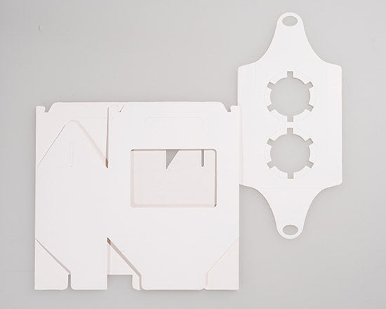 White gable bakery box die-cut template with handle and gear window