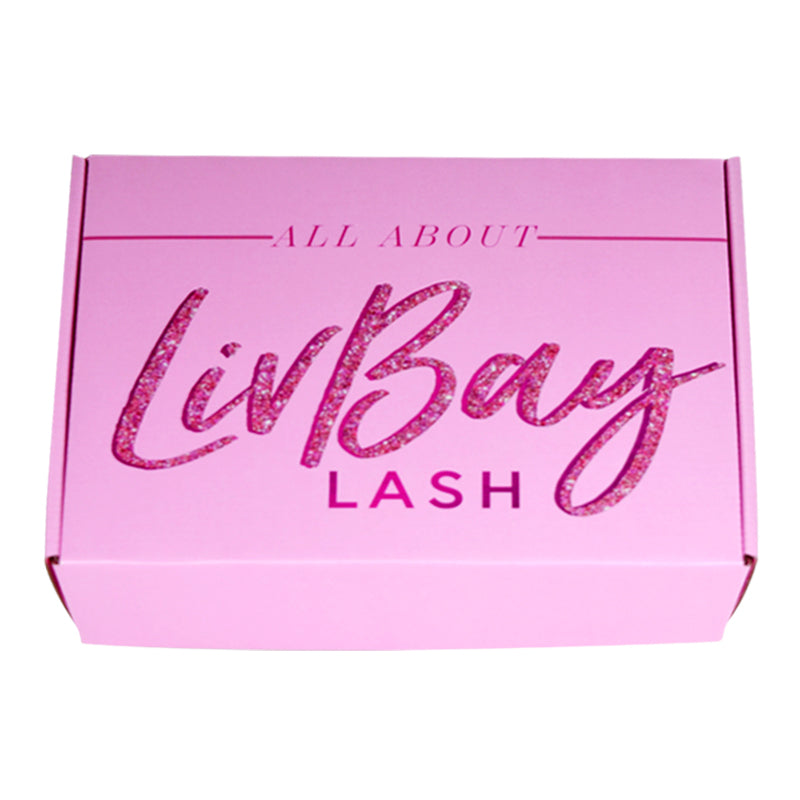 Closed custom pink glitter mailer box with sparkling brand logo for eyelash packaging