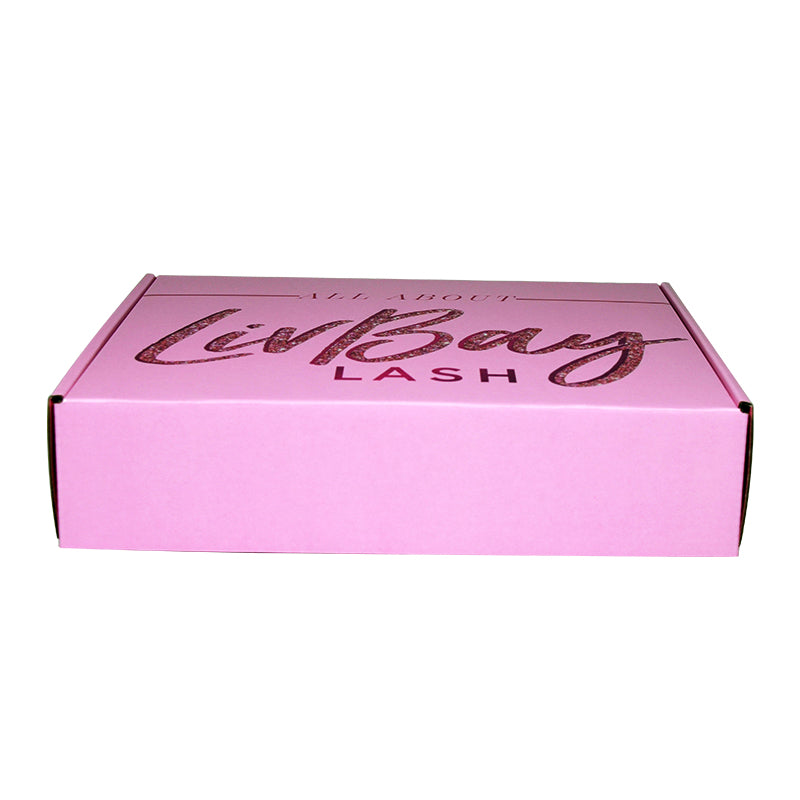 Front view of custom lash shipping box with rose gold glitter foil branding