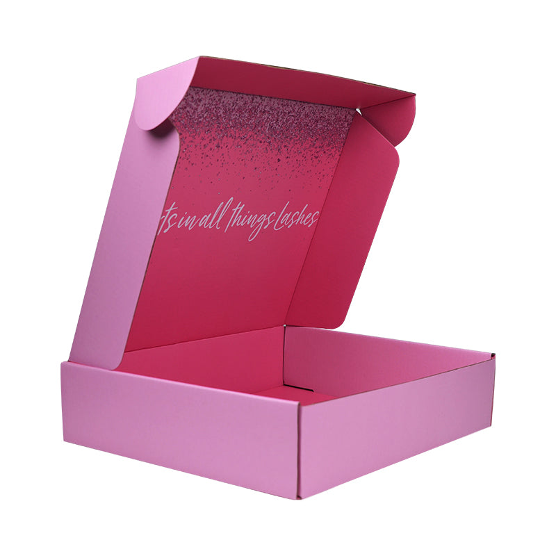 Open pink lash box with custom interior message and glitter splash design