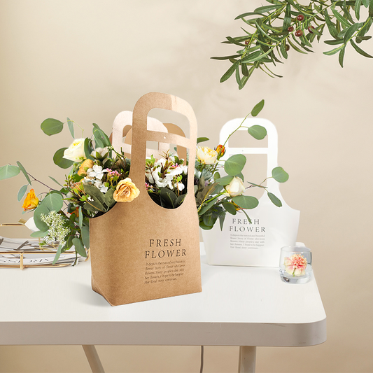 Brown and white kraft flower bouquet bags with clear window and fresh flowers inside