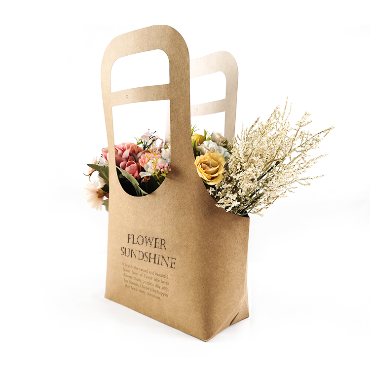 Flat lay apron shaped kraft flower bag with die-cut handles and window