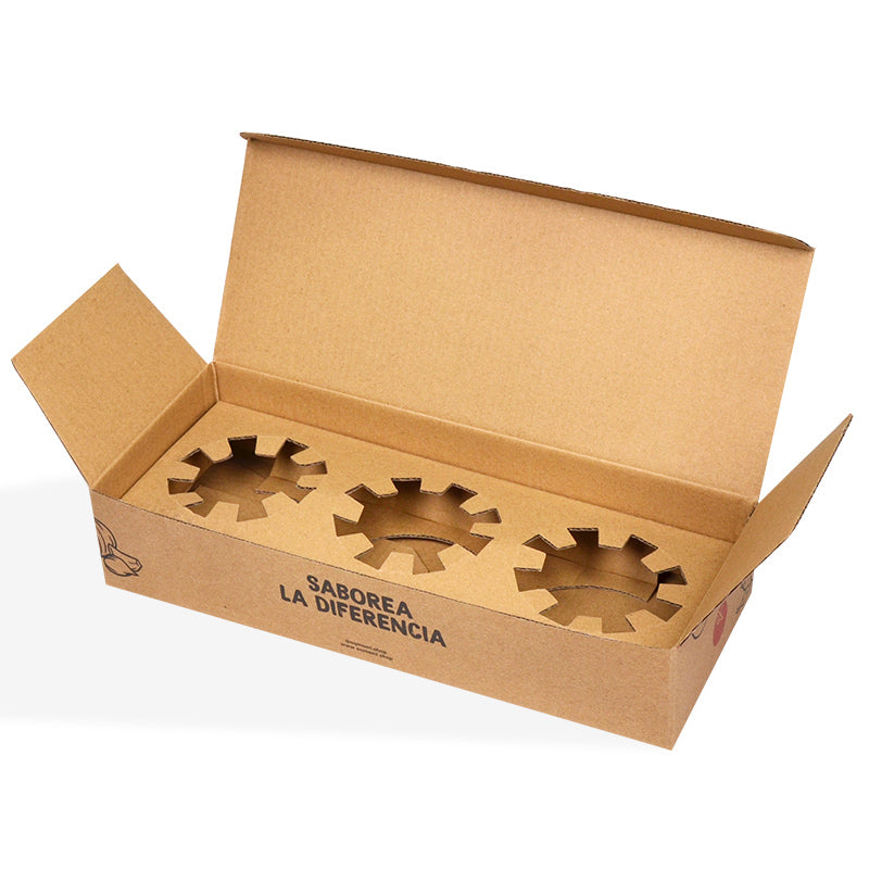 Fully open kraft cardboard food box showing three round jar slots with serrated edges