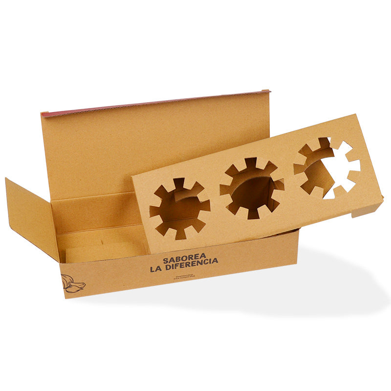 Kraft box lid with three gear-shaped die-cut holes revealing empty interior
