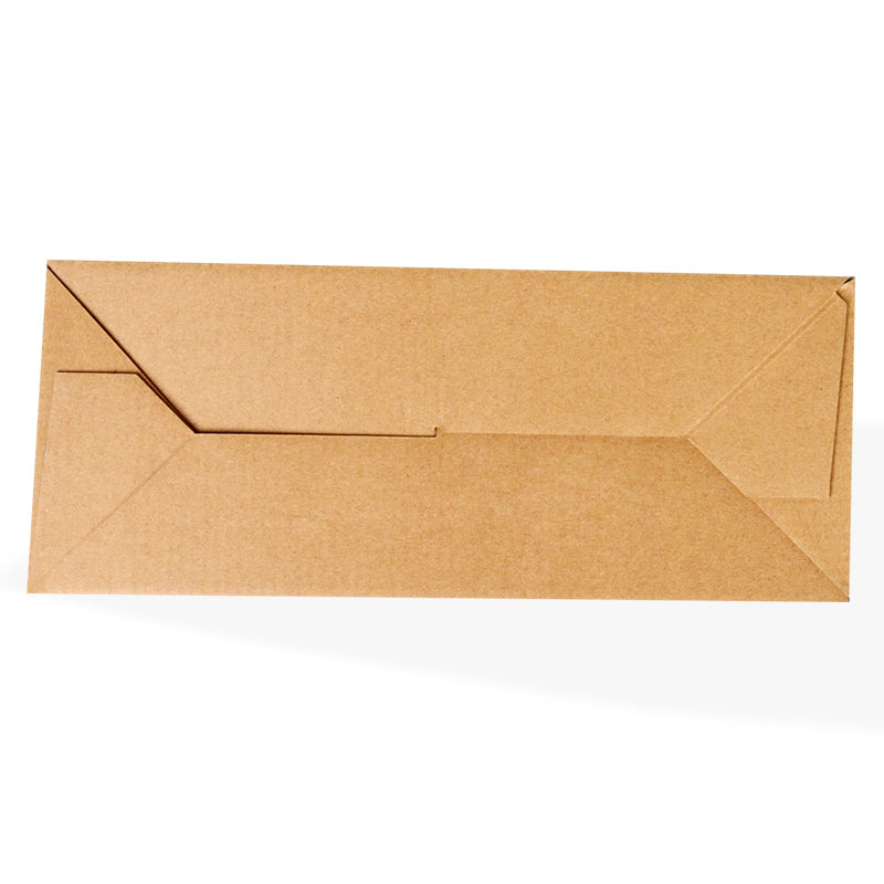 Flat lay of kraft food envelope box with fold lines and V-shaped bottom for pantry items