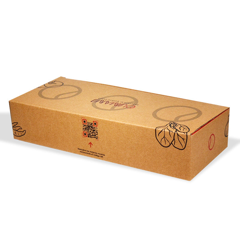 Side view of kraft food box with QR code and "Download our best recipes" tagline