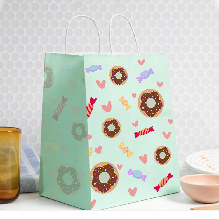 Mint green custom printed paper bag with donut and candy patterns for dessert shops