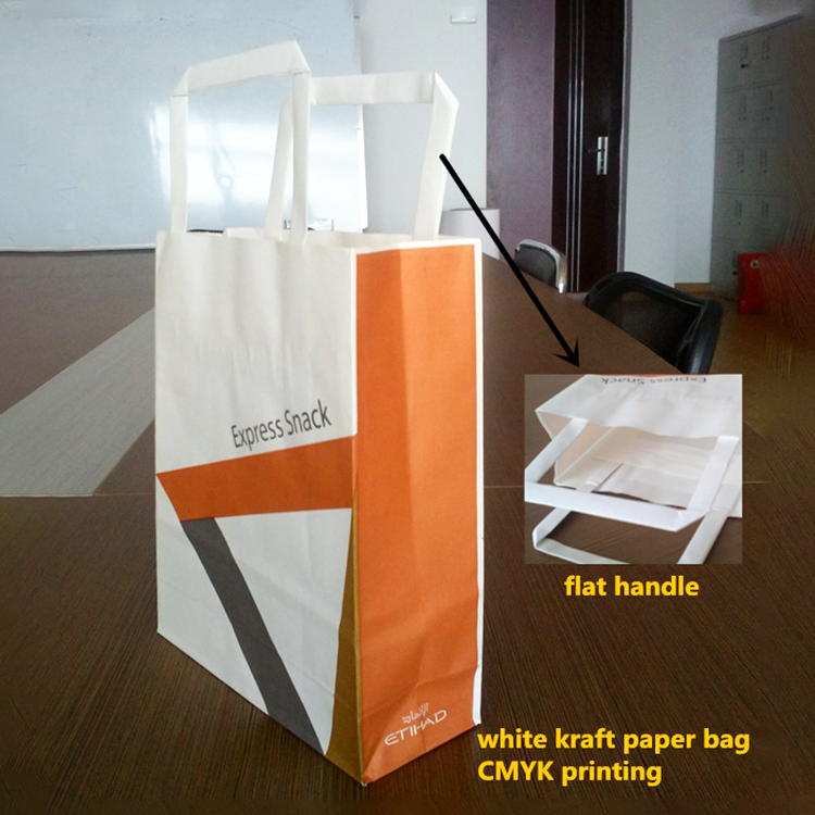 White kraft paper bag with flat handles and CMYK printing for express snack