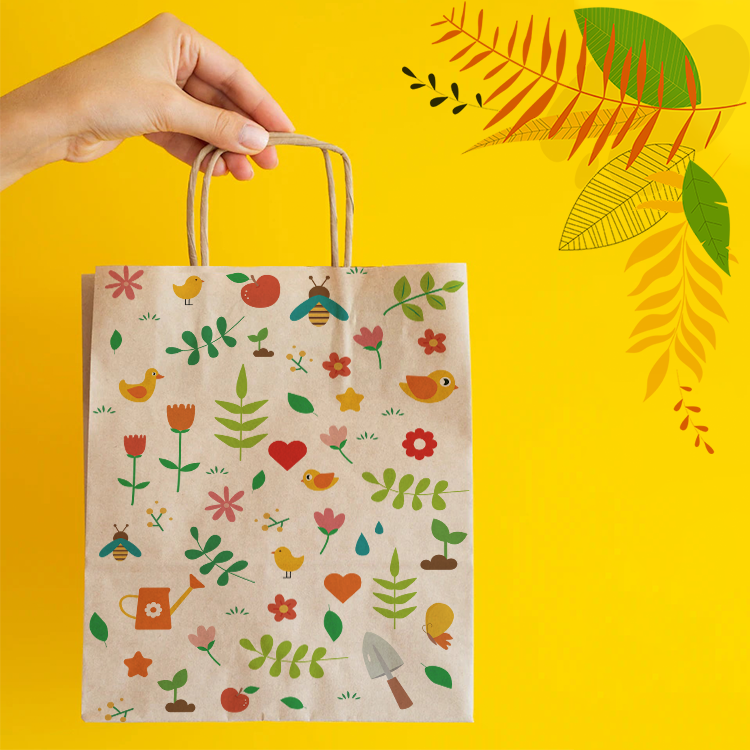 Brown kraft paper bag with twisted handles and custom spring floral and bird print