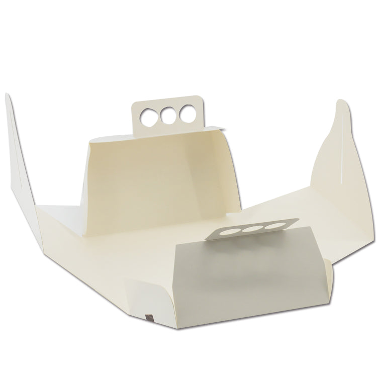 Flat die-cut template of octagonal cake box with integrated three-hole handle