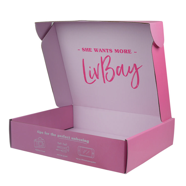 Inside of custom beauty mailer box showing "She Wants More LivBay" message and unboxing tips
