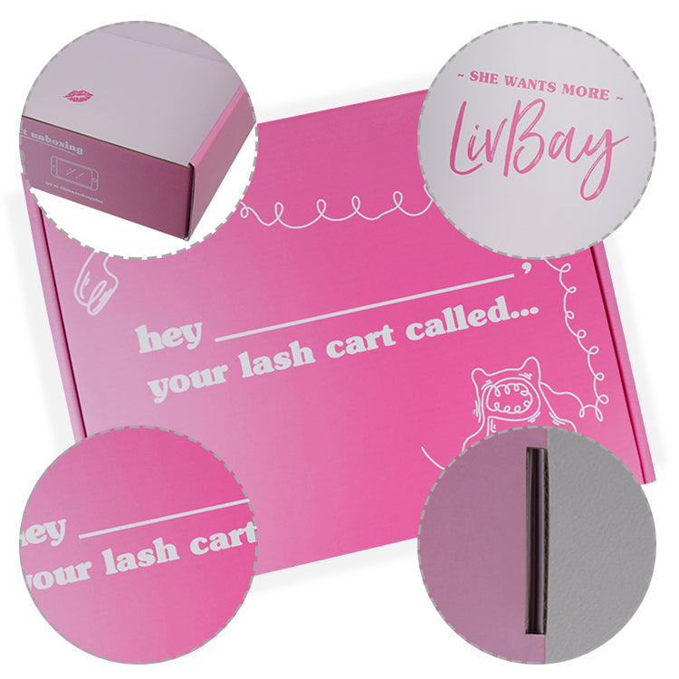 Detailed view of pink lash box highlighting foil logo, interior print, and sturdy die-cut structure