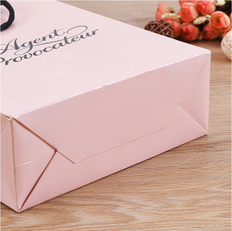 Close-up of pink matte shopping bag with black cord handle knot detail