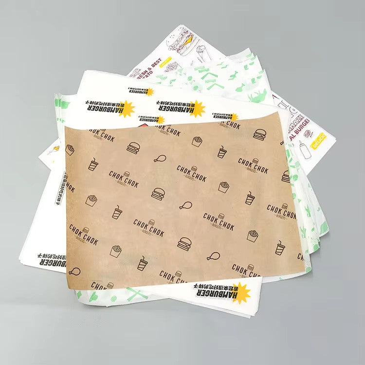 Greaseproof wax paper sheets with brown and green food icon pattern, burger-style print