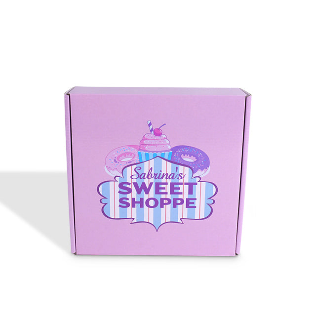 Front view of custom printed purple box for Sabrina's Sweet Shoppe bakery