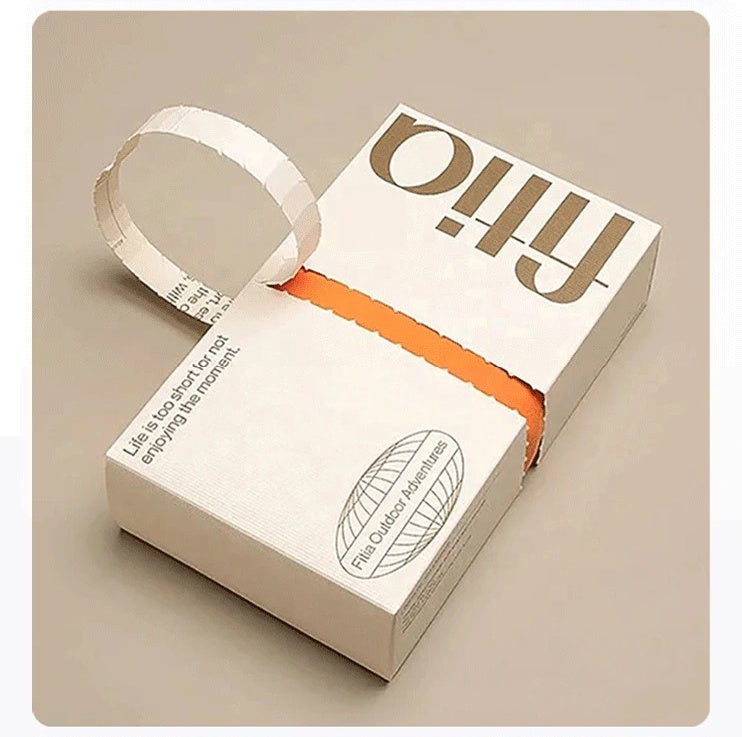 White tear-apart slide-lid coffee box with orange stripe and carry-cutout opening