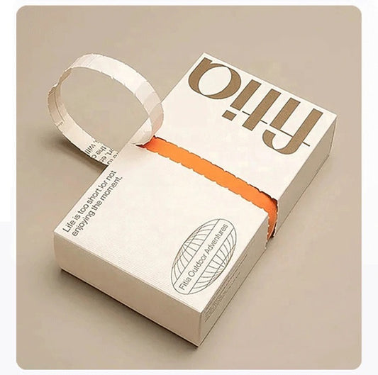 White tear-apart slide-lid coffee box with orange stripe and carry-cutout opening
