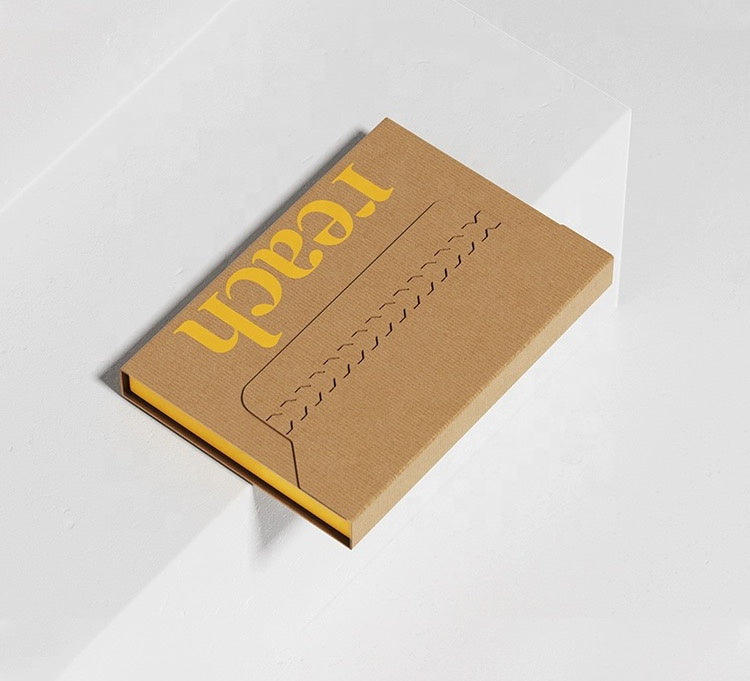 Kraft brown tear-apart slide-lid food box with yellow logo and front handle cutout
