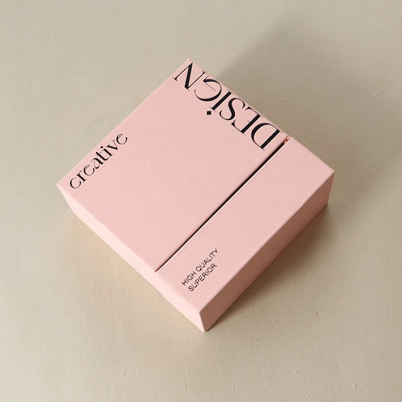 Pink printed tear-apart slide-lid food box with black logo and front logo panel