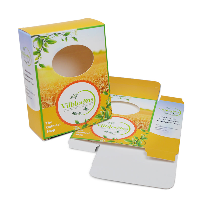 Oatmeal-themed folding soap carton with clear round window opening and inner tray