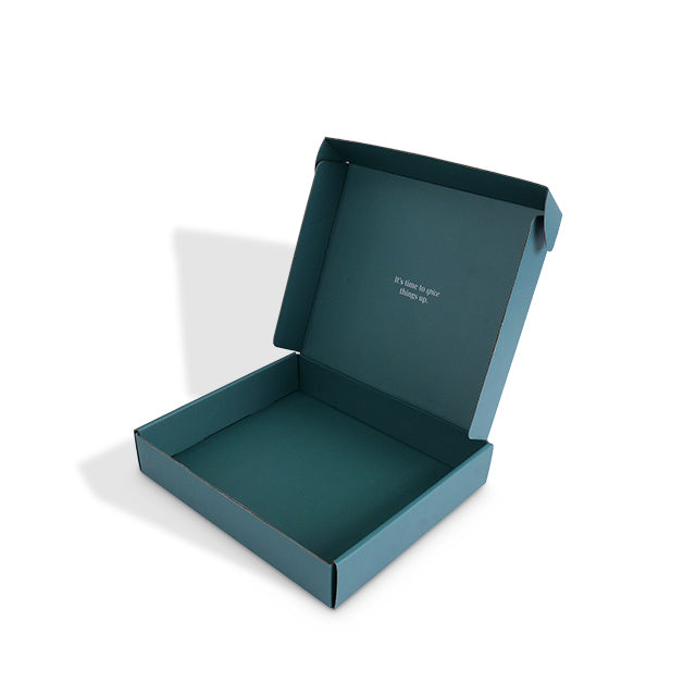 Diagonal angle view of open empty teal mailer box interior