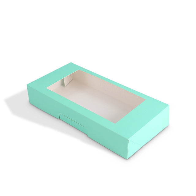 Mint green cardboard packaging tray with open window and hinged lid