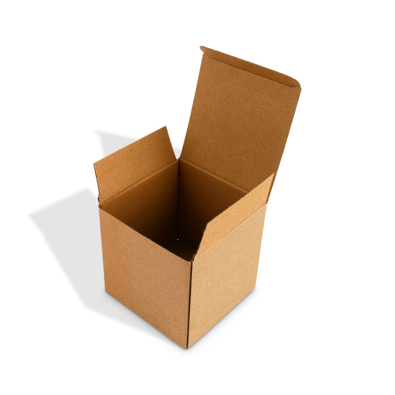 Kraft corrugated shipping box with tuck top, open box showing empty interior
