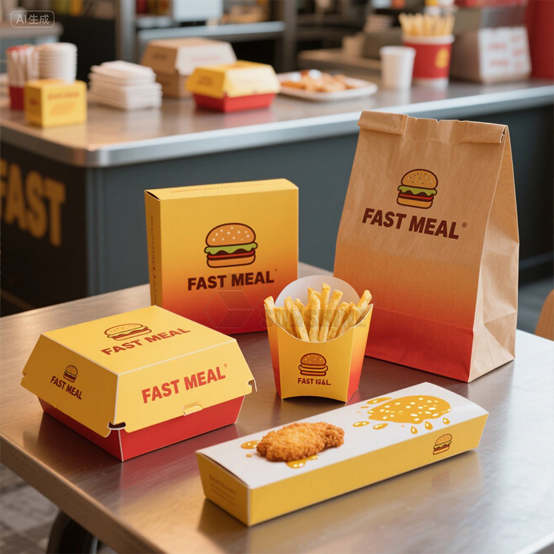 Fast meal takeout paper bags and boxes with fries cup on counter