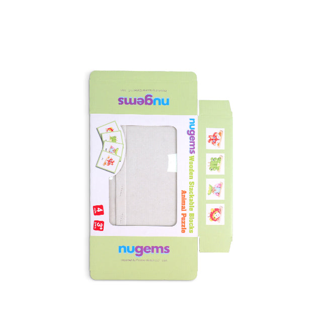 Flat laying die-cut template of custom window mailer box for Nugems wooden toy packaging