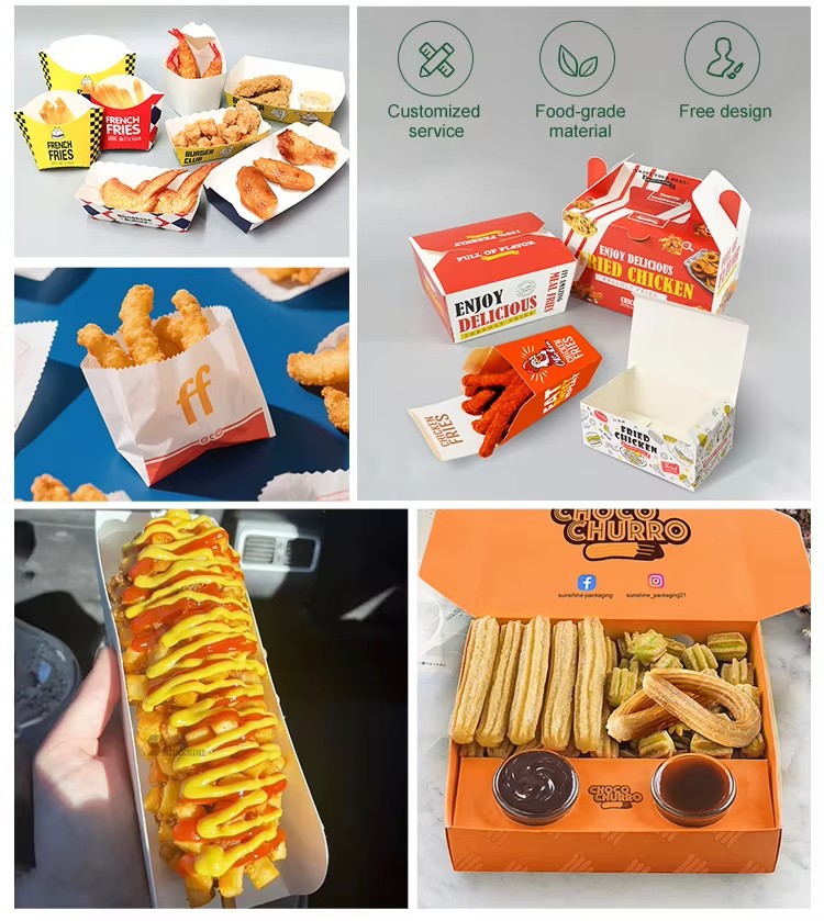 Fast food meal packaging set with white and red boxes for prepared foods