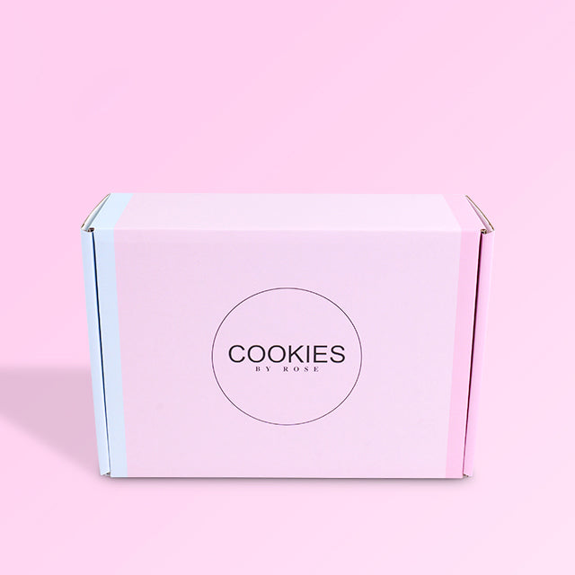 Front view of closed custom mailer box featuring the circular Cookies by Rose logo