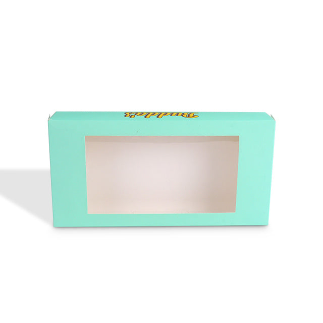 Mint green cardboard window box with rectangular front viewing window