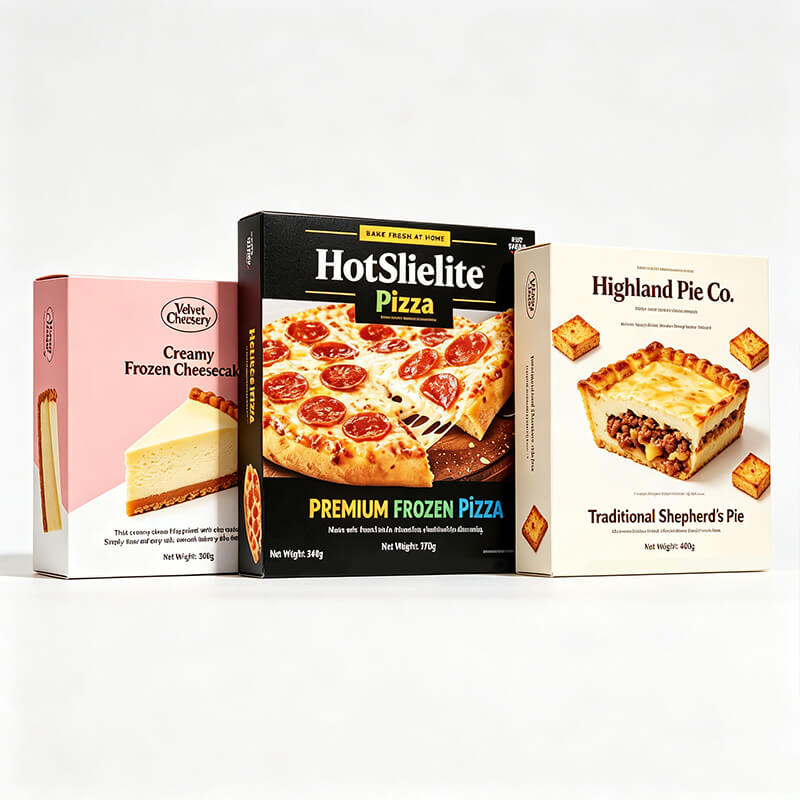 Frozen meal carton boxes: HotSlice Pizza plus Velvet Cheesecake and Shepherd's Pie