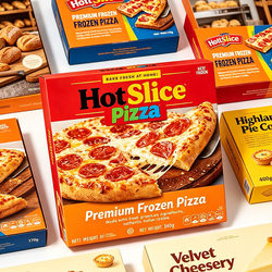 Printed frozen food carton boxes, with HotSlice Pizza and other meal labels