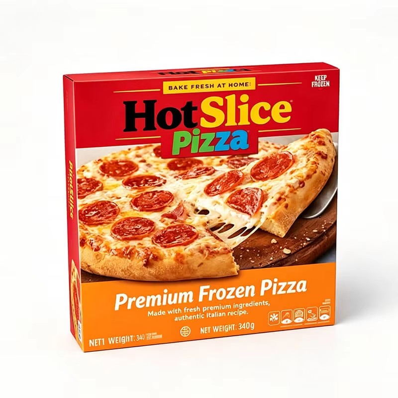 Red HotSlice Pizza Premium Frozen Pizza carton box with baked pizza artwork