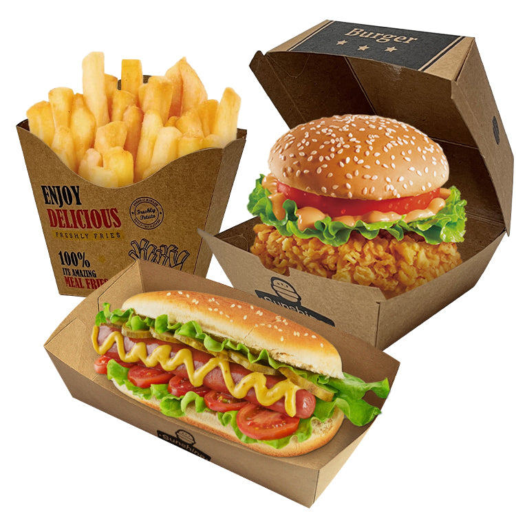 Kraft burger box and fries tray with burger, fries, and open lids