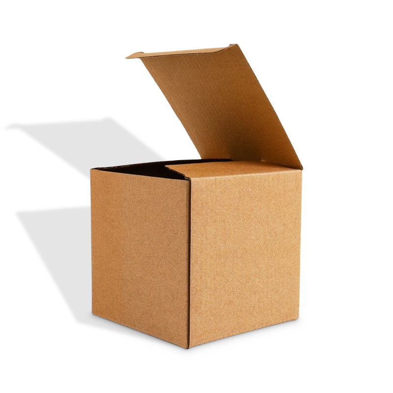 Kraft corrugated shipping box with tuck top, lid propped open