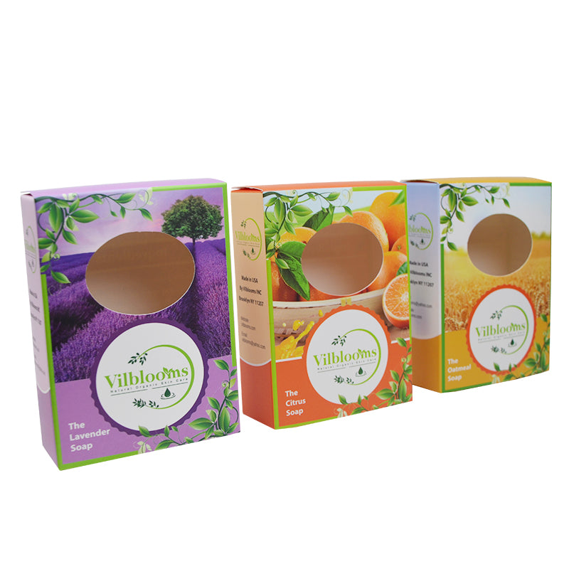 Lavender-themed folding soap carton with clear round window opening
