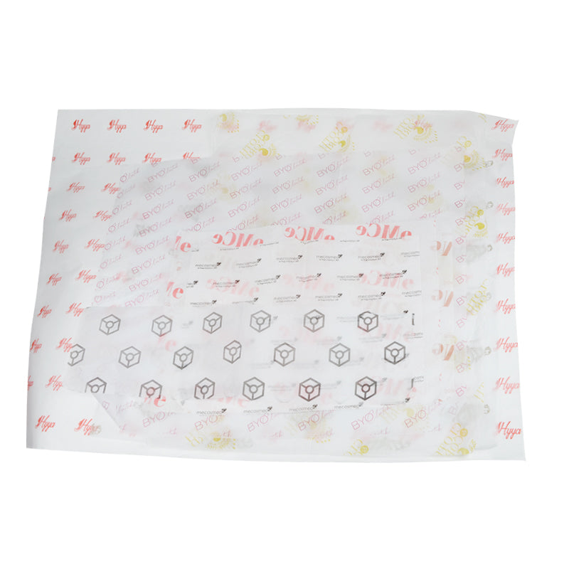 Collage of multi-brand custom tissue papers including Huya, BYOC, and eMce