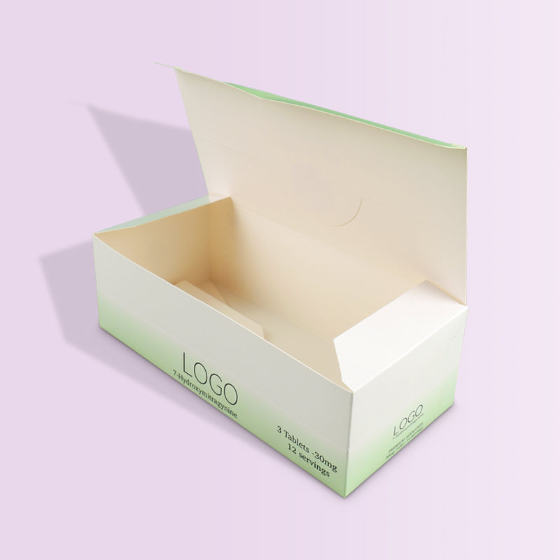 Open pillow box side angle showing inner card support and tuck lid