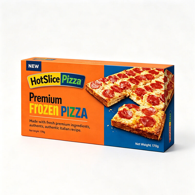 Orange and blue HotSlice Pizza Premium Frozen Pizza carton box with slice photo