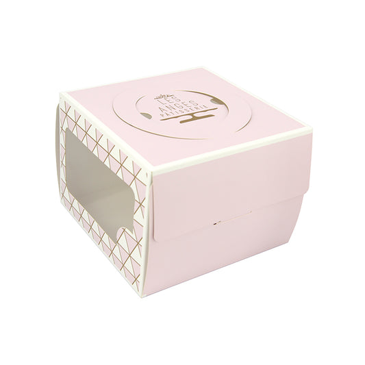 Pink cake box with gold geometric side pattern and gold logo lid, top handle