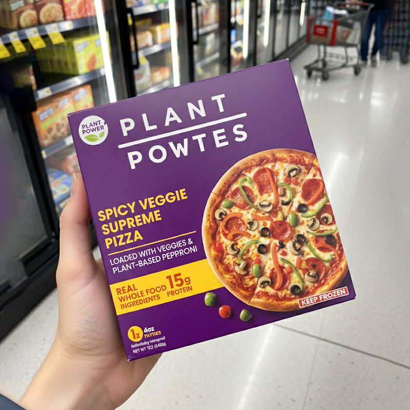 Purple Plant Power pizza carton box labeled Spicy Veggie Supreme