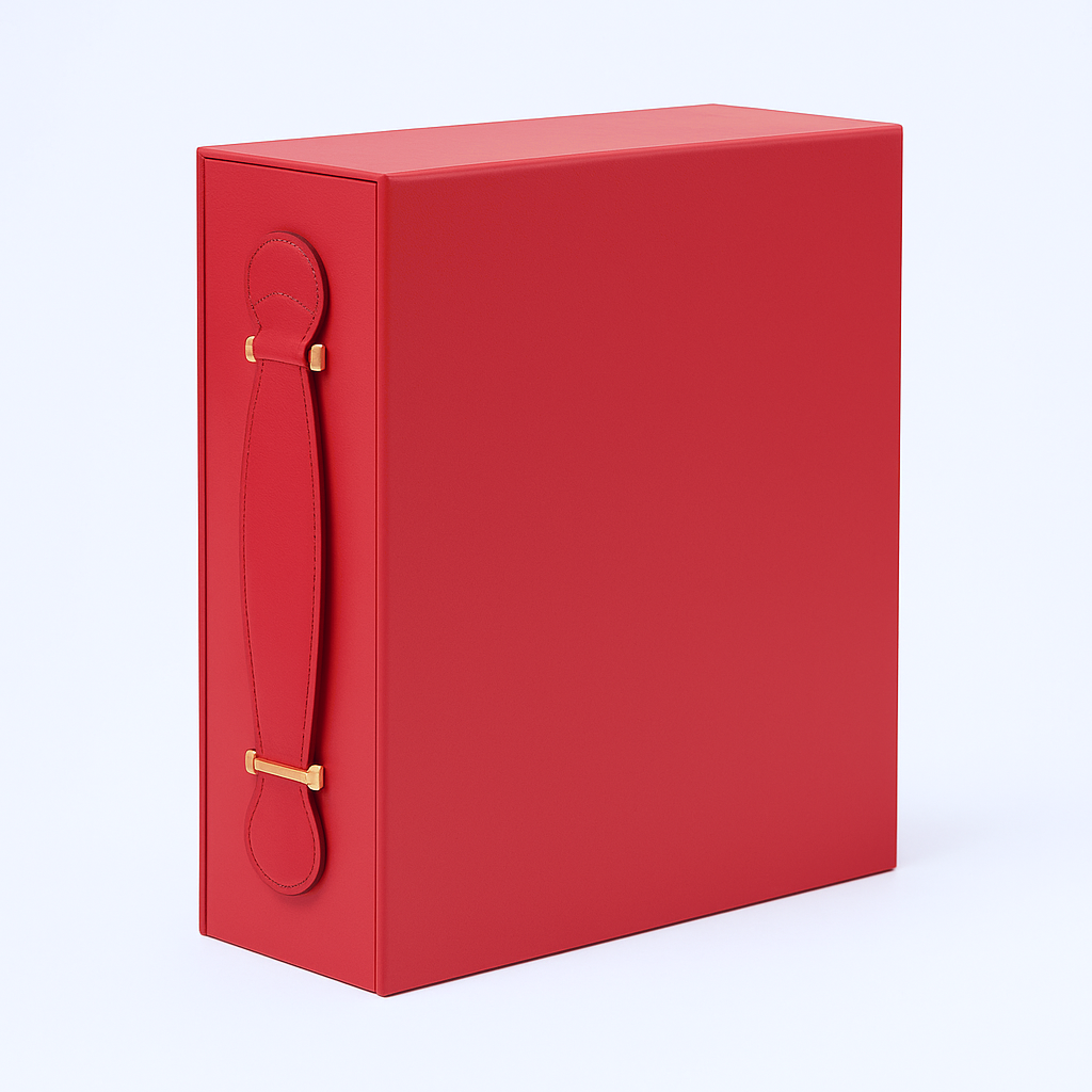 Rigid gift box with red leather handle and gold-tone hardware