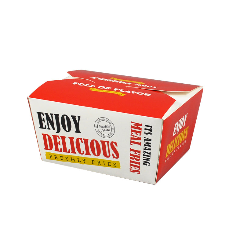 Red and white printed fries clamshell box with "Enjoy Delicious" branding