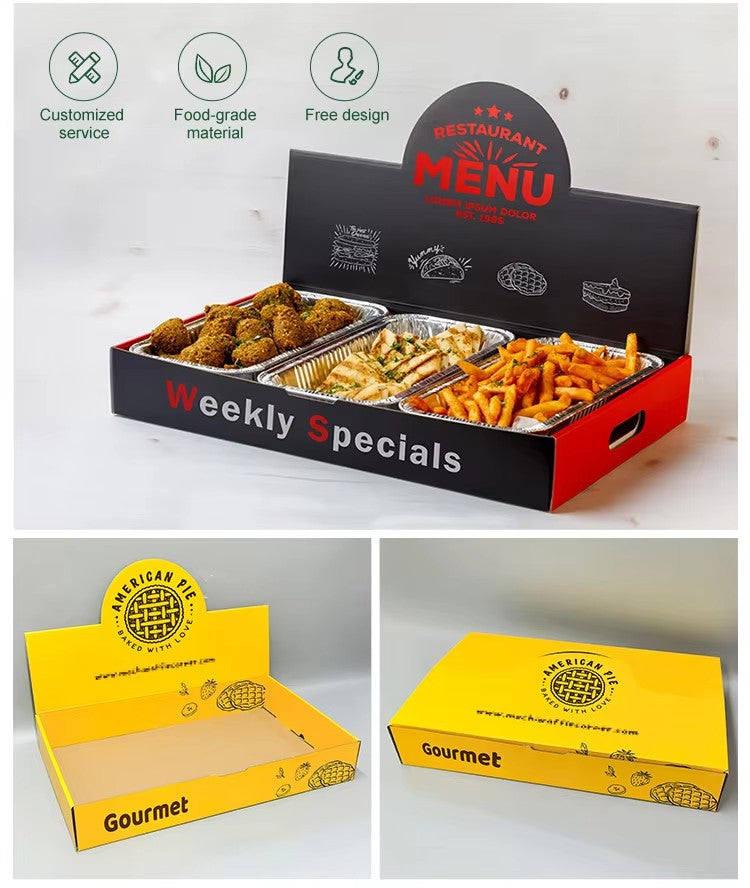 Fast food meal packaging set with black menu tray and yellow gourmet boxes